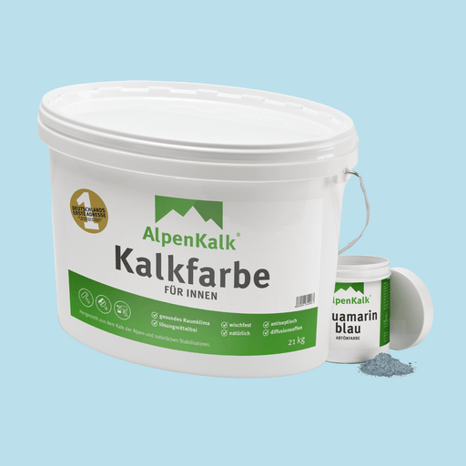 Bundle Alpenkalk Kalkfarbe fuer Innen 21kg mit Pigment Abtoenfarbe Aquamarinblau 