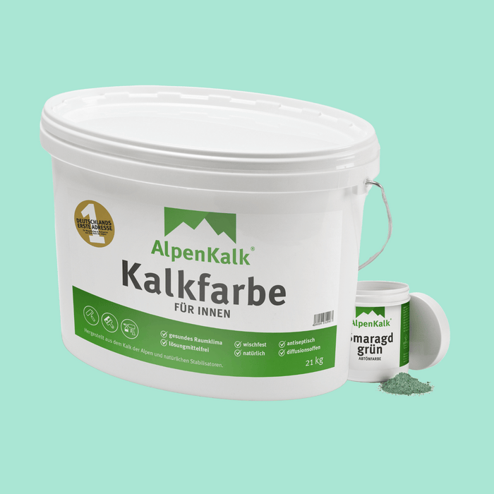 Bundle Alpenkalk Kalkfarbe fuer Innen 21kg mit Abtoenfarbe Smaragdgruen